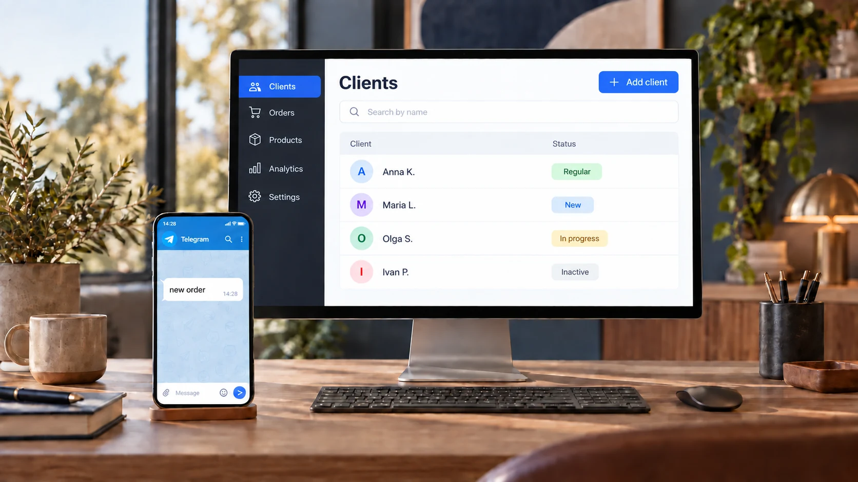 Illustrative client list on a computer and a new order message in Telegram on a phone