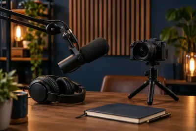 A boom-mounted microphone, headphones and camera on a small tripod in a recording studio