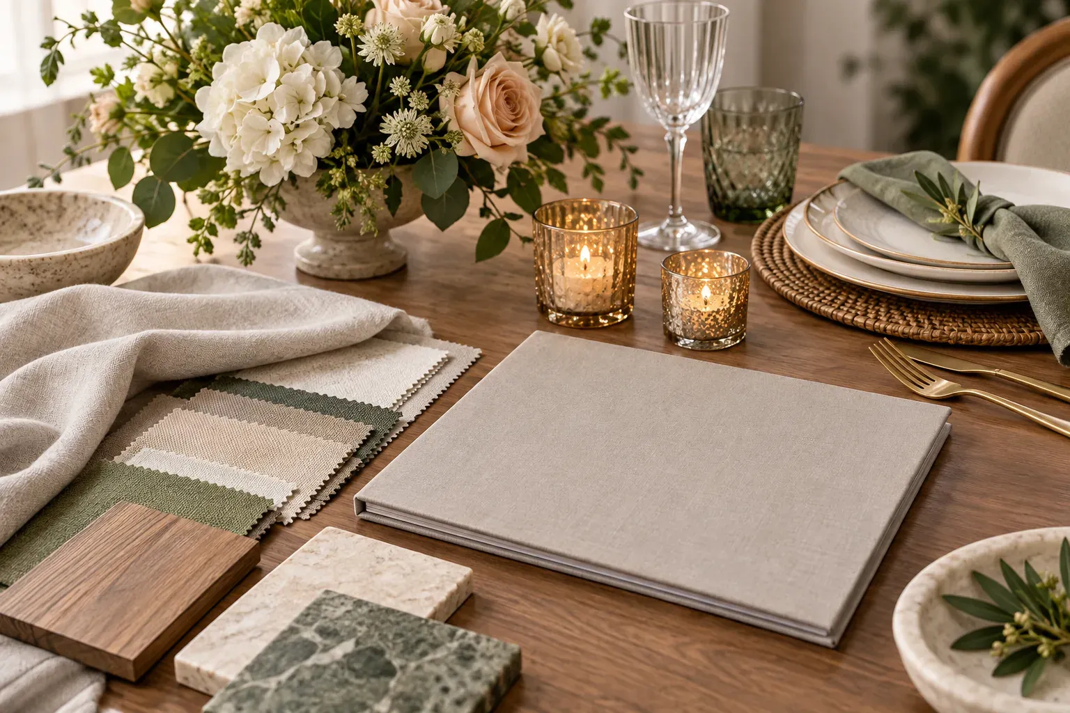 Flowers, tableware, candles and fabric samples on a table for planning event decor