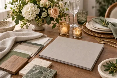 Flowers, tableware, candles and fabric samples on a table for planning event decor