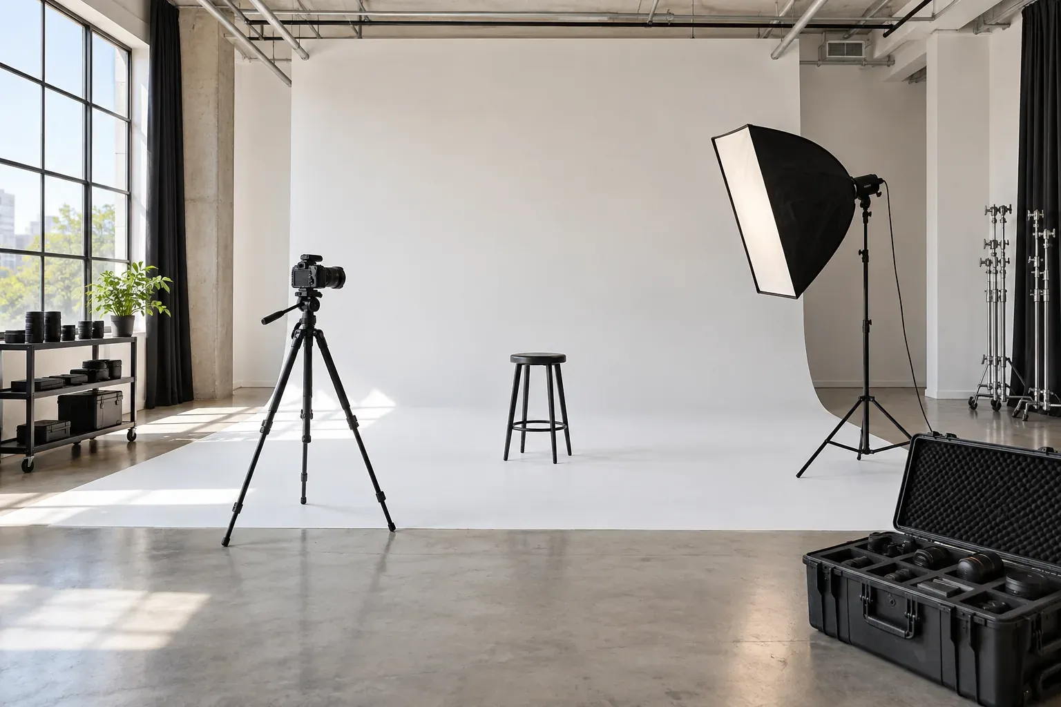 Daylit photo studio with a white cyclorama, camera on a tripod, softbox and equipment