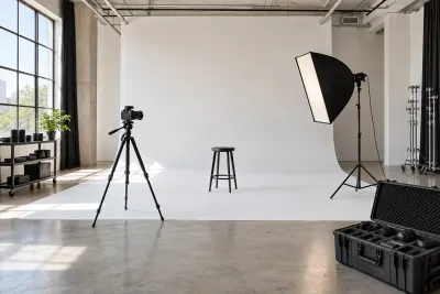 Daylit photo studio with a white cyclorama, camera on a tripod, softbox and equipment