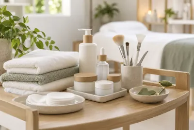 Towels, skincare bottles and brushes in front of a treatment bed in a bright esthetician’s room
