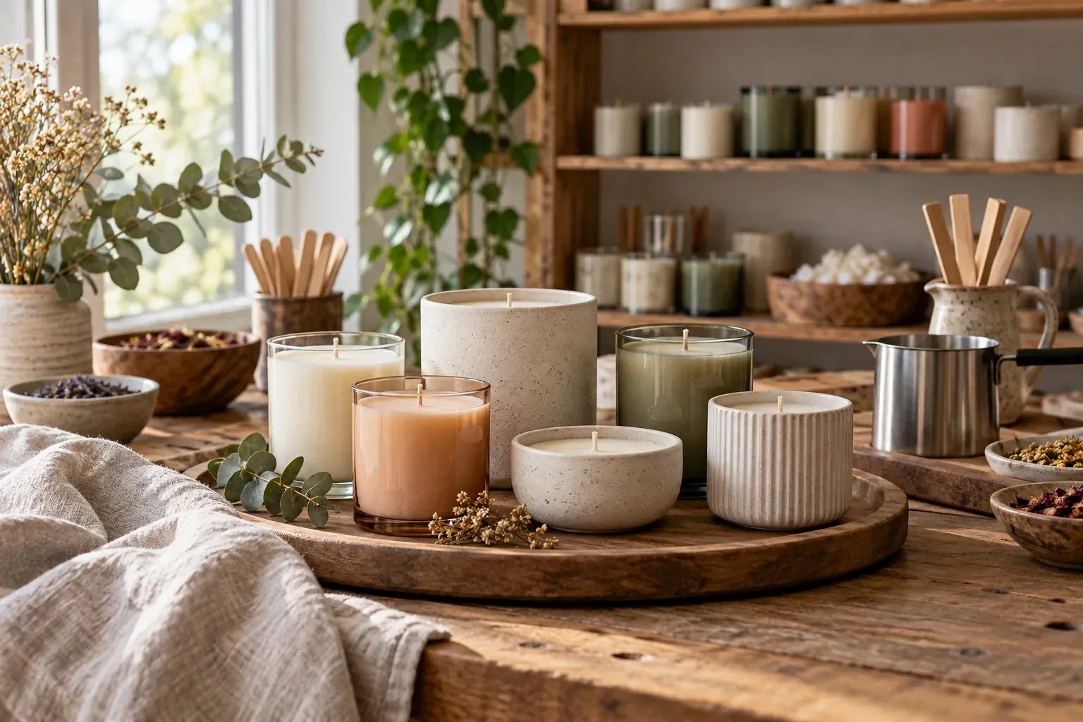 Candles in glass and ceramic vessels on a wooden tray in a candle workshop