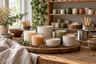 Candles in glass and ceramic vessels on a wooden tray in a candle workshop