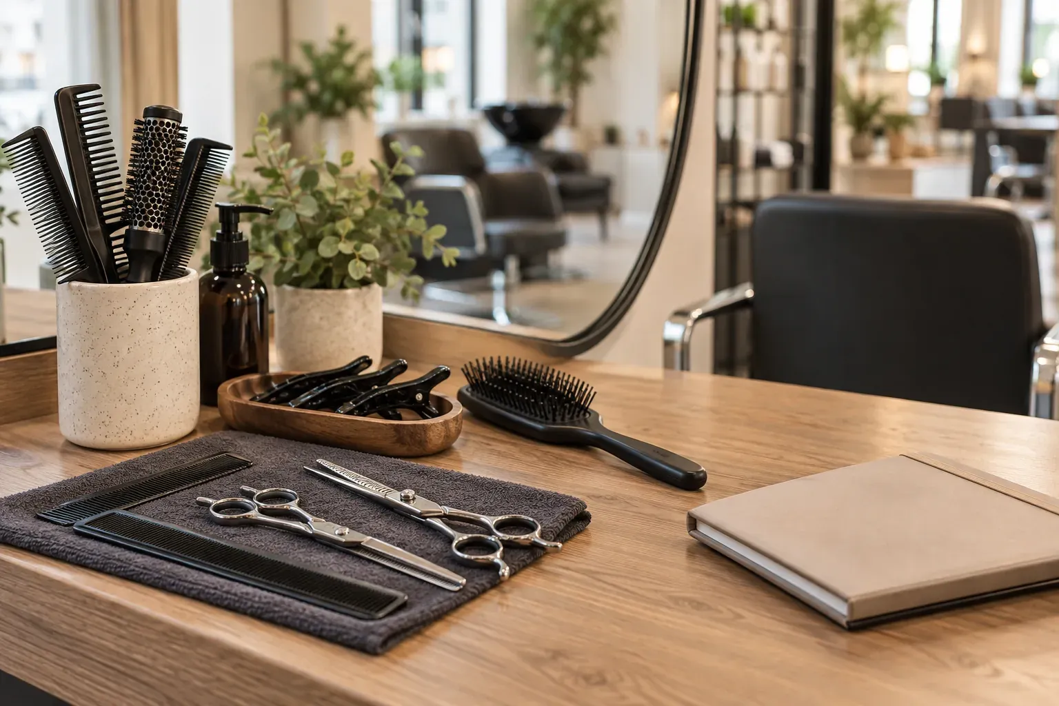 Combs and brushes on a hairdresser’s counter beside a mirror, salon chair and pump bottle