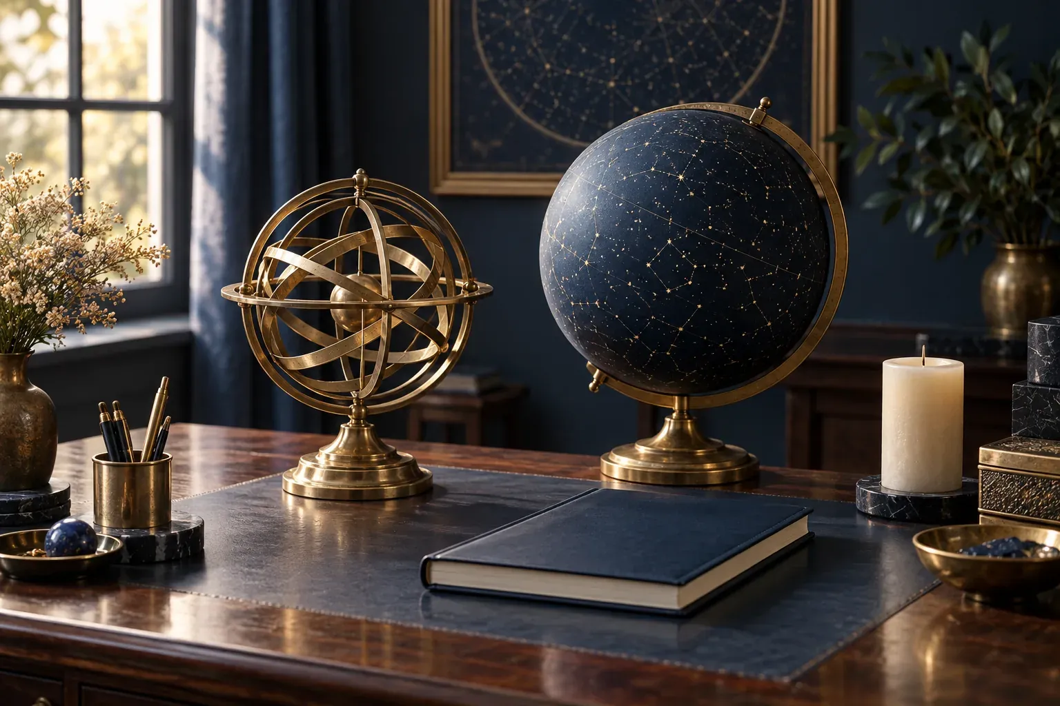 Brass armillary sphere, blue celestial globe, closed book and candle on a wooden desk