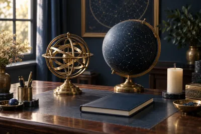 Brass armillary sphere, blue celestial globe, closed book and candle on a wooden desk