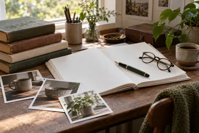 Books, an open notebook, glasses, a pen and printed photographs on a desk
