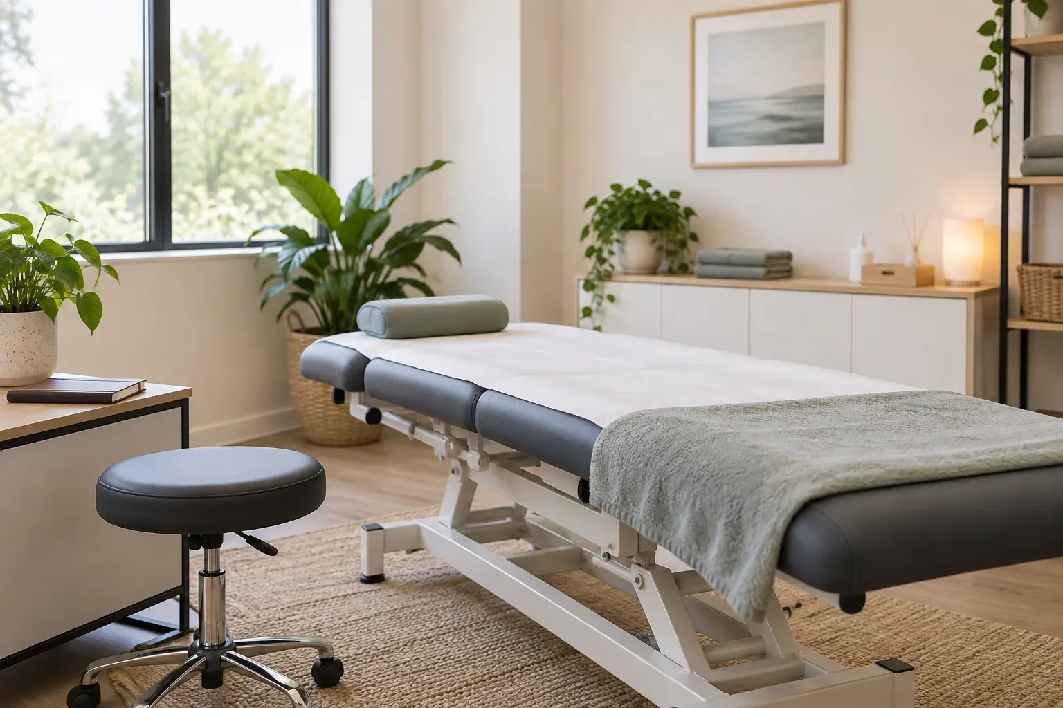 A treatment table, stool and closed notebook in a bright osteopathy room