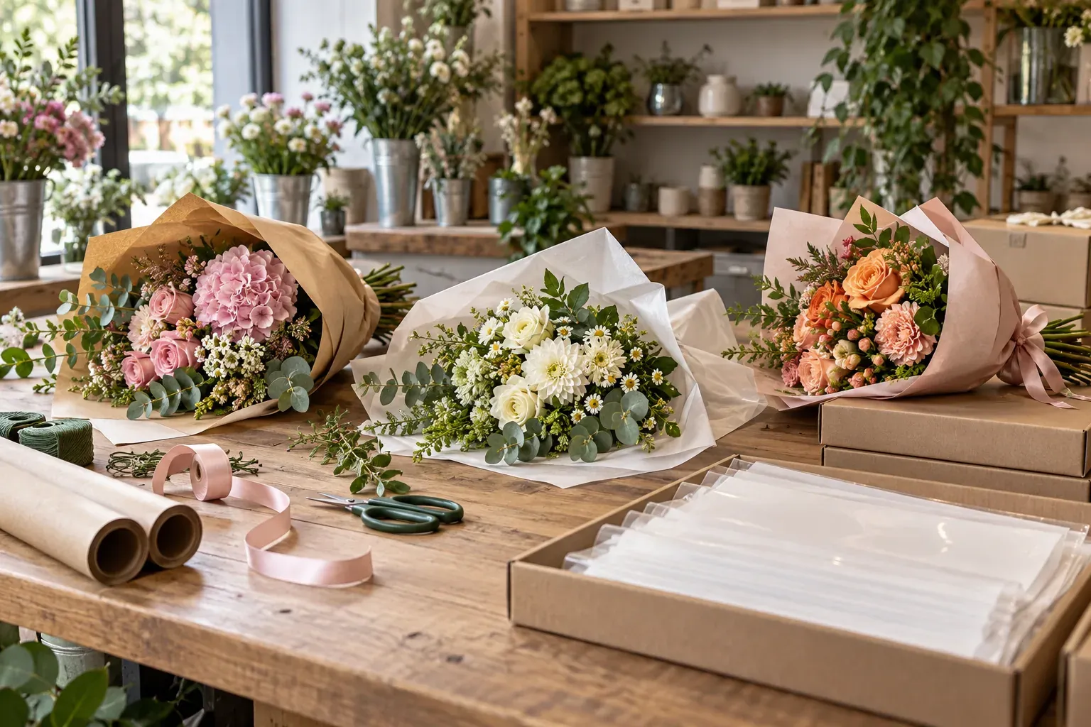 Three wrapped bouquets, shears, ribbon and boxes on a flower shop workbench