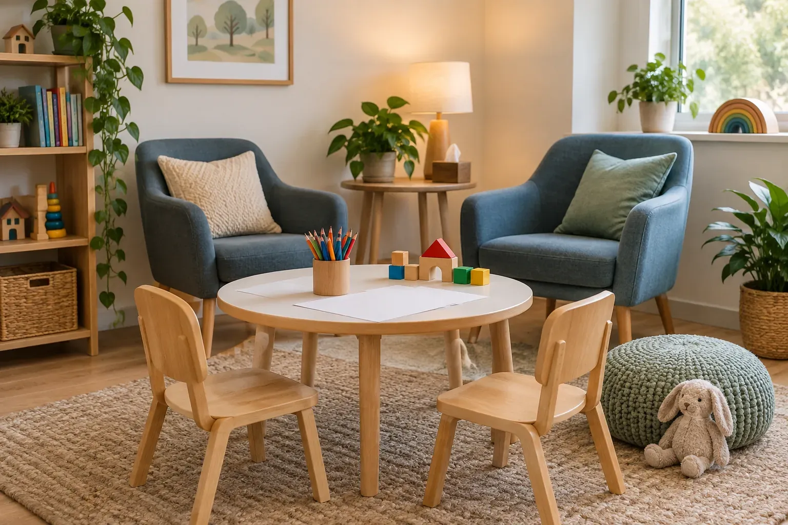 Pencils and wooden blocks on a table with child-sized chairs and armchairs in a practice room