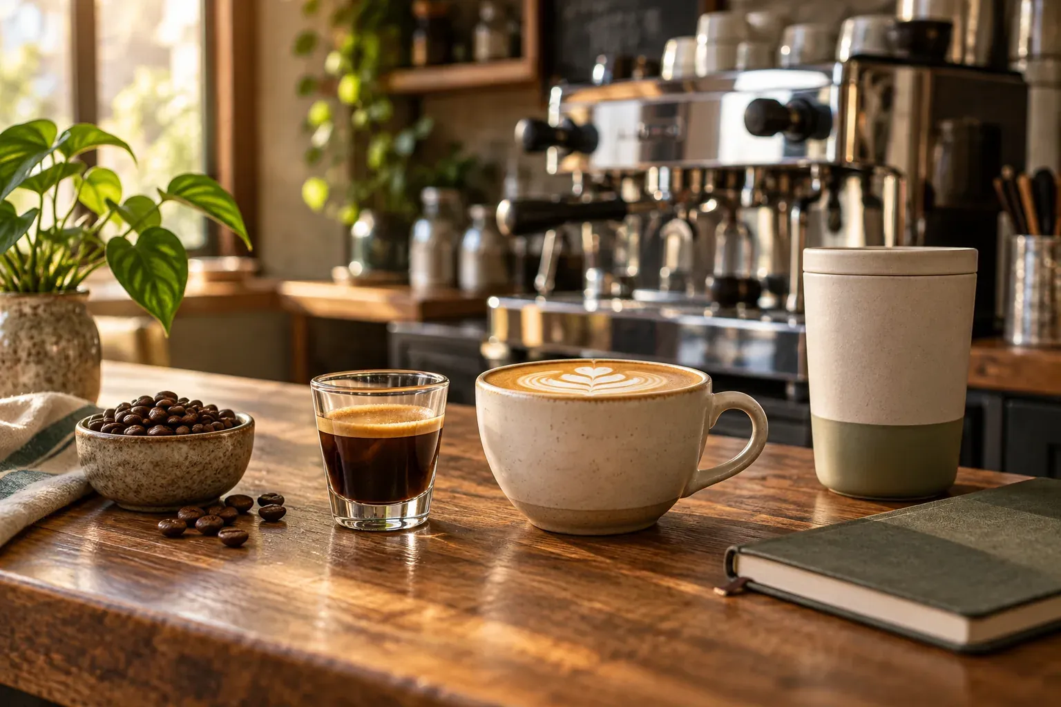 Cappuccino and espresso on a wooden counter beside coffee beans, a reusable cup and a closed notebook
