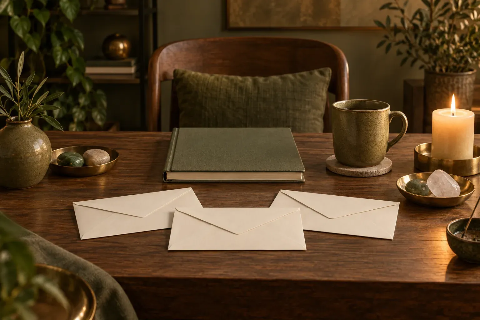 Three paper envelopes, a closed green journal, a mug, stones and a candle on a wooden table