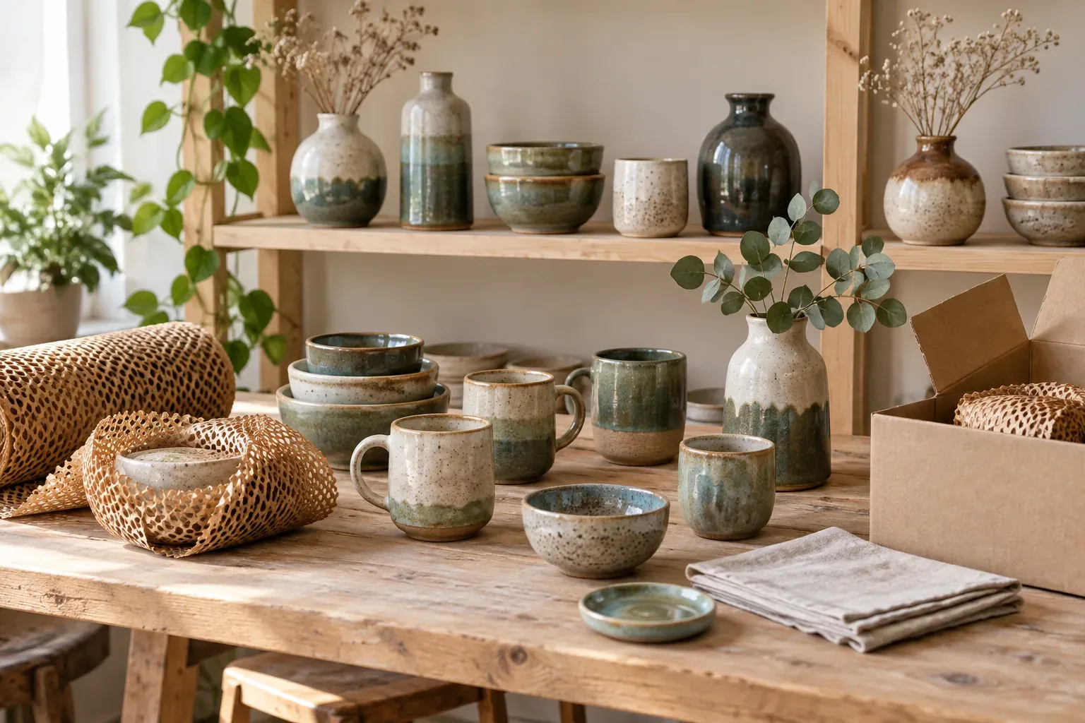 Handmade ceramic mugs, bowls and vases beside protective paper and a packing box in a studio