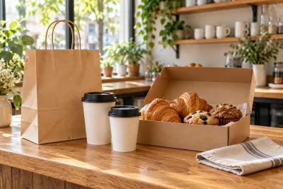 A paper bag, two lidded takeaway cups and an open pastry box on a café counter