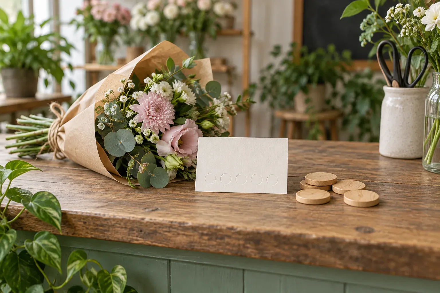 A blank visit card and wooden tokens beside a bouquet on a florist counter