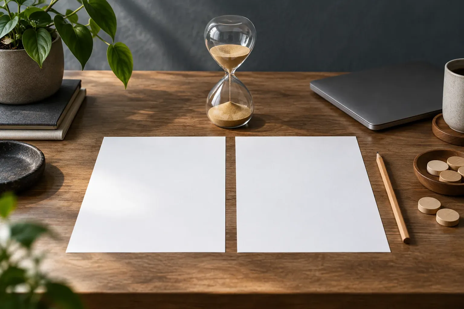 An hourglass, two blank sheets, a pencil and wooden tokens beside a laptop on a desk