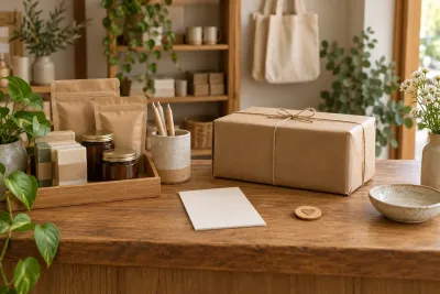 An unbranded display, parcel, blank order slip and token on a small-business counter
