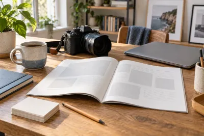 A camera, laptop, notebook and blank publication layouts on a desk