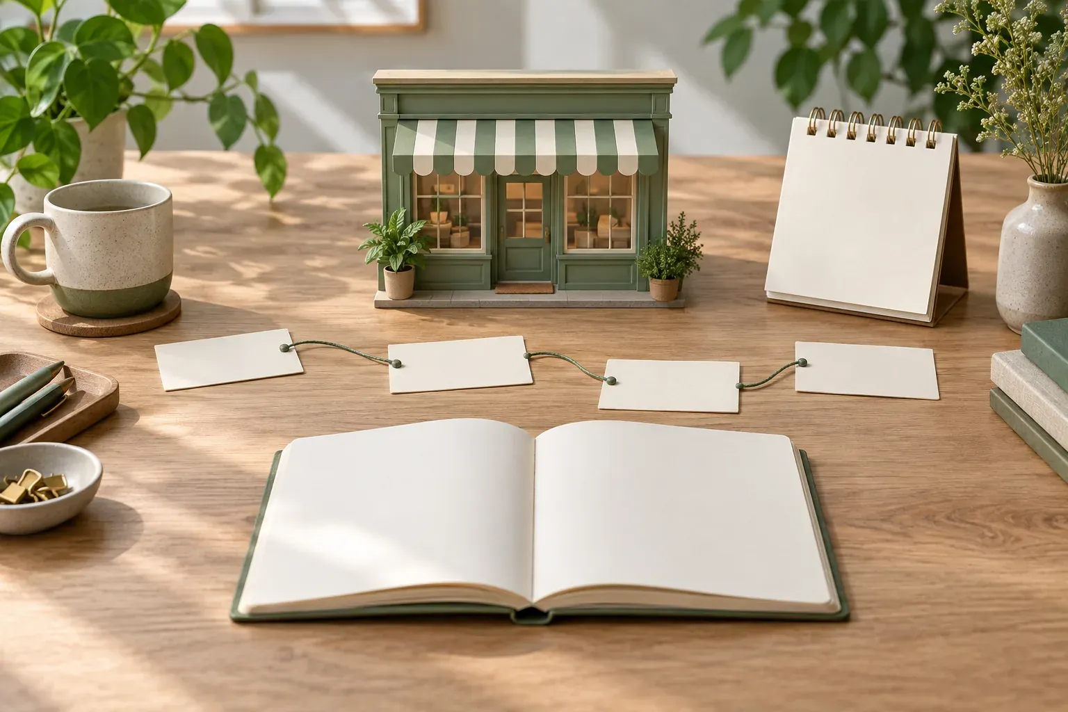 A blank planner and miniature shop with linked marketing step cards