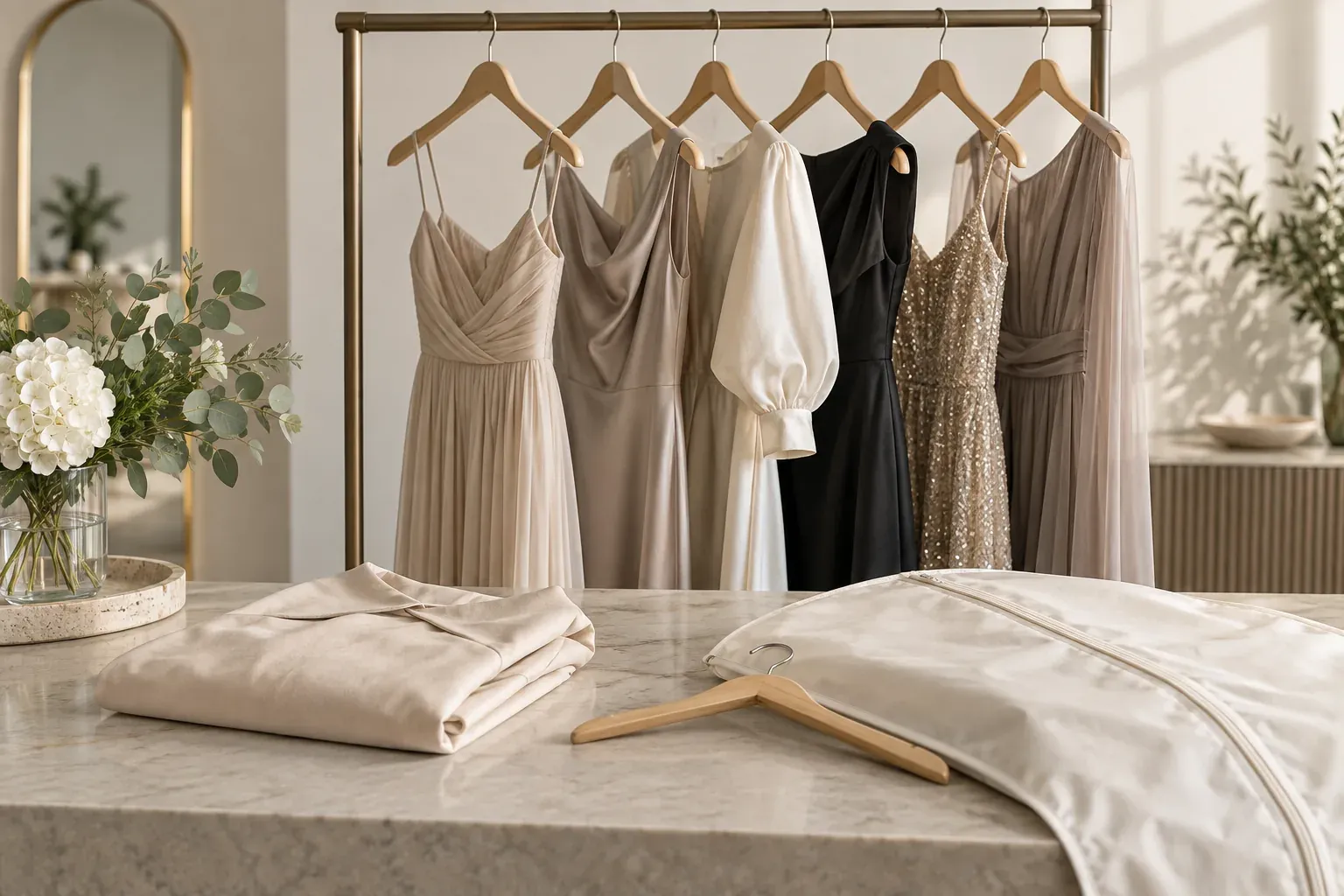 Dresses on hangers with folded clothing and a garment bag on a rental studio table