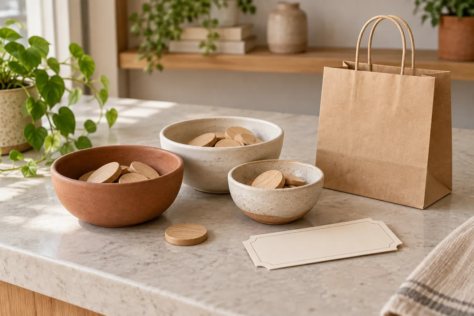 Ceramic bowls with wooden tokens and a blank coupon on a counter