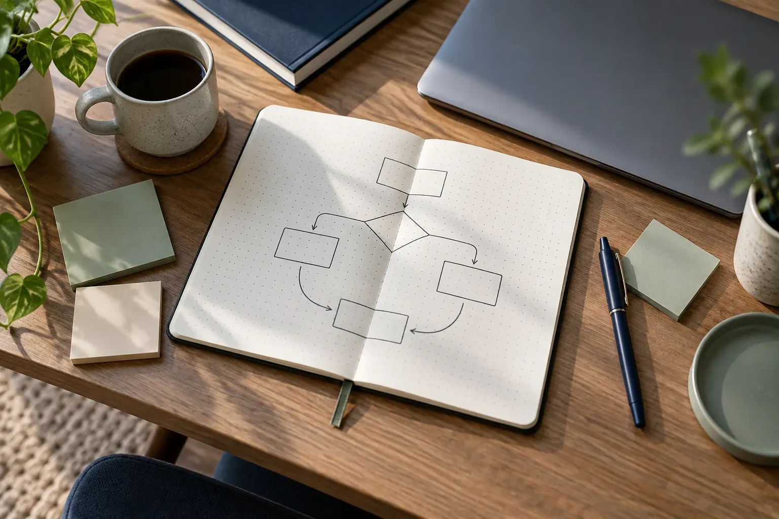 An open notebook with a flowchart of blank boxes, a laptop and a cup of coffee on a desk