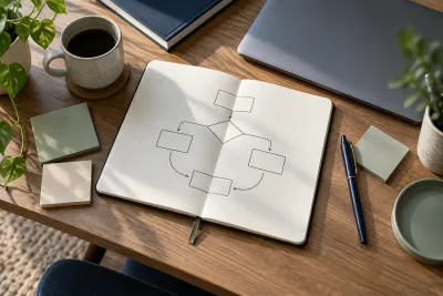 An open notebook with a flowchart of blank boxes, a laptop and a cup of coffee on a desk