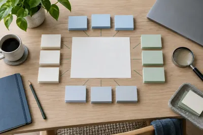Blank cards around a sheet of paper, a magnifying glass, laptop and coffee on a wooden desk