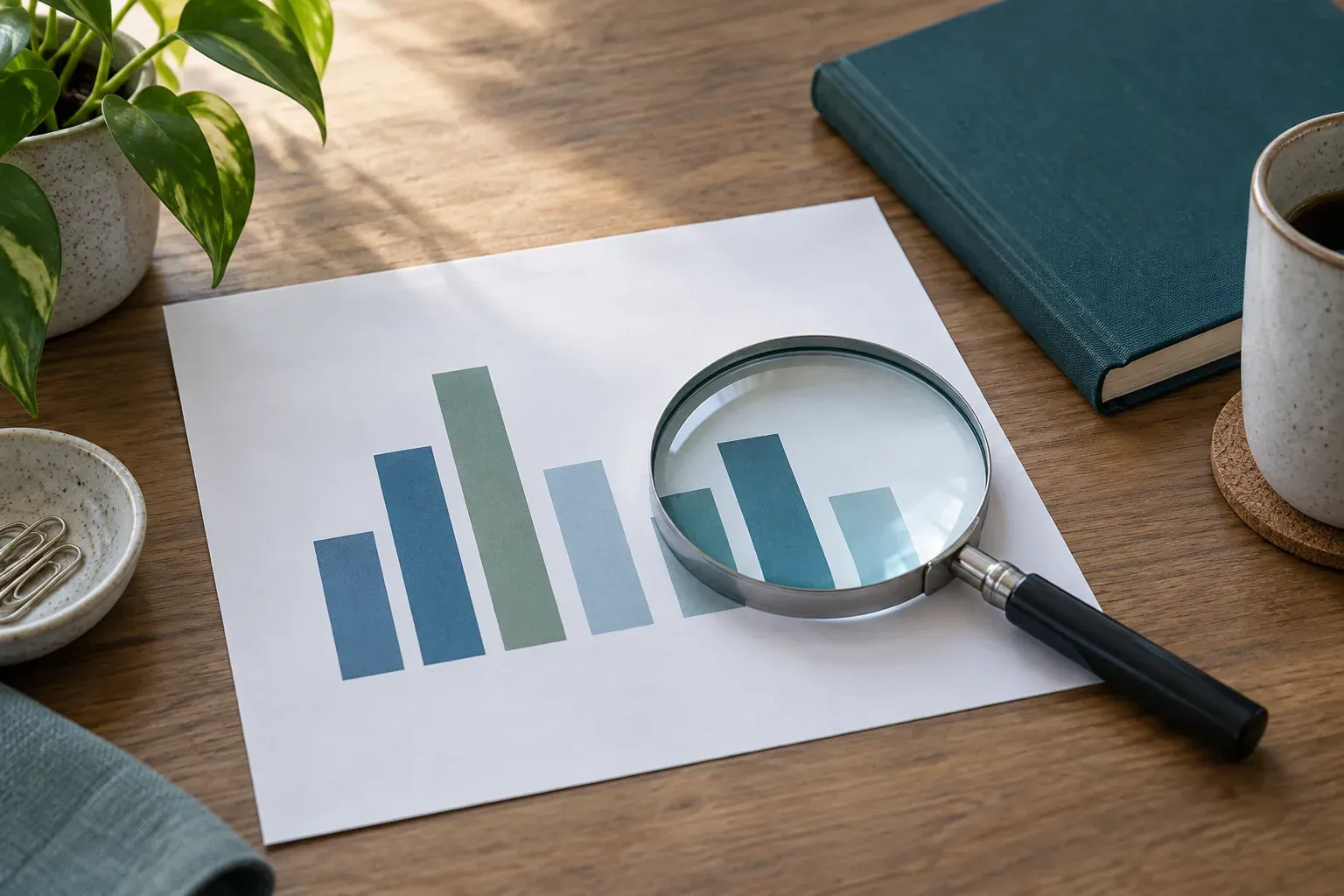 A magnifying glass over an abstract printed chart beside a notebook