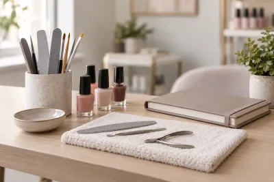 Nail files, brushes and polish bottles beside a closed planner on a nail technician’s table