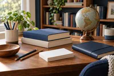 Books, pencils, a globe and a closed notebook on a wooden desk by a window