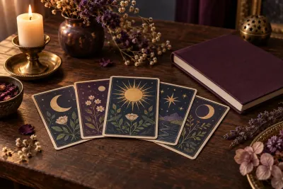Five cards with sun, moon, star and plant illustrations, a candle and closed purple notebook on a wooden table