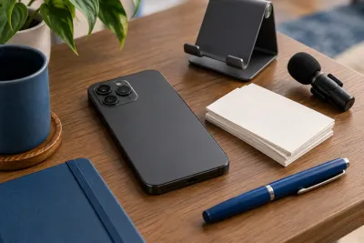 A smartphone, a stack of blank cards, a small microphone and a pen on a wooden desk