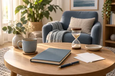 A closed notebook, pen, hourglass and white cards on a round table in front of an armchair