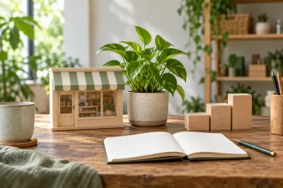 A miniature shop, potted plant, wooden steps and blank notebook