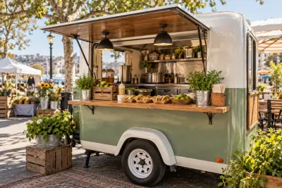 Food truck with an open service window, prepared dishes and a canopy at an outdoor market