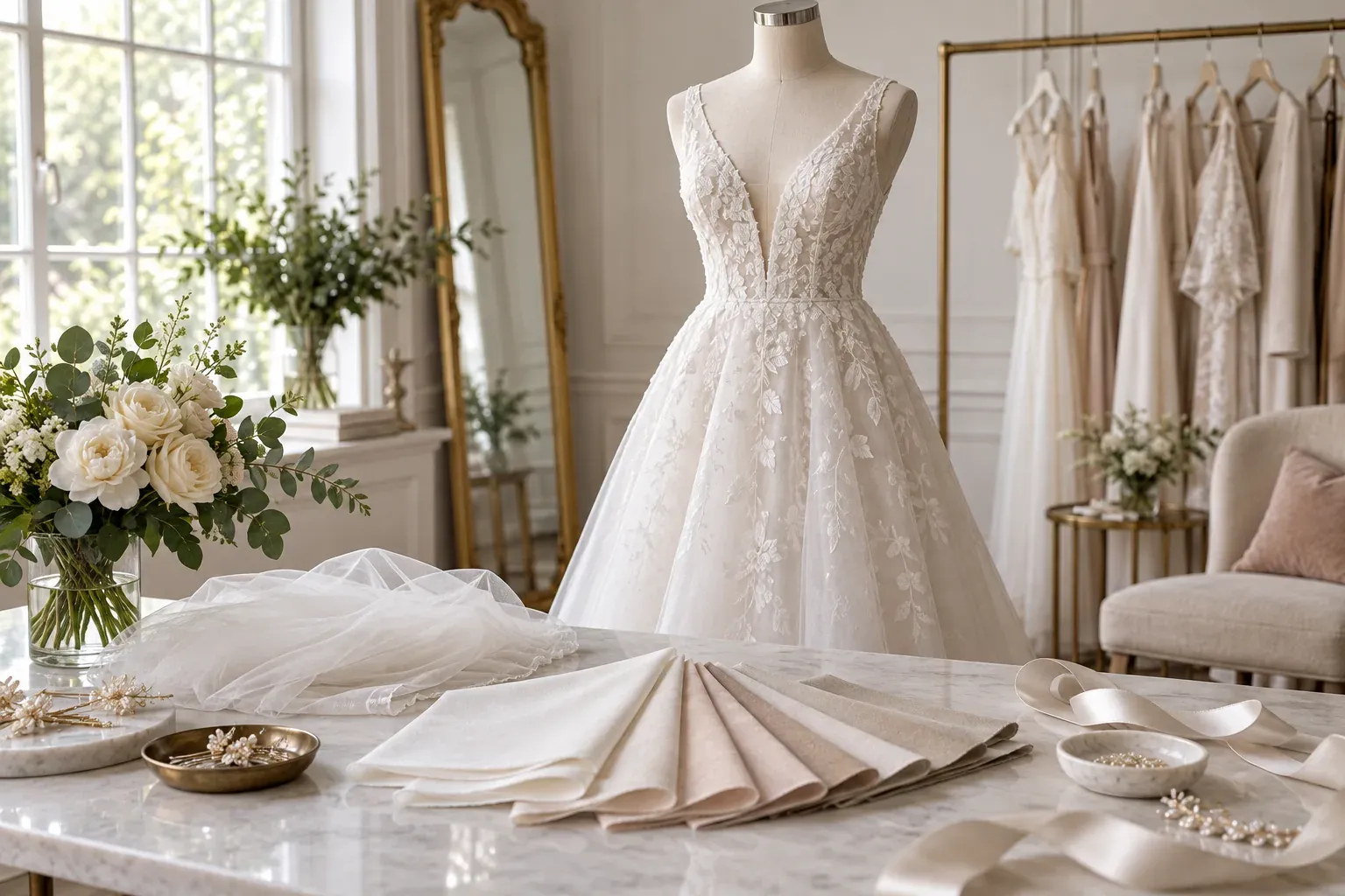 A wedding dress on a mannequin with a veil and fabric swatches on a table in a bright studio