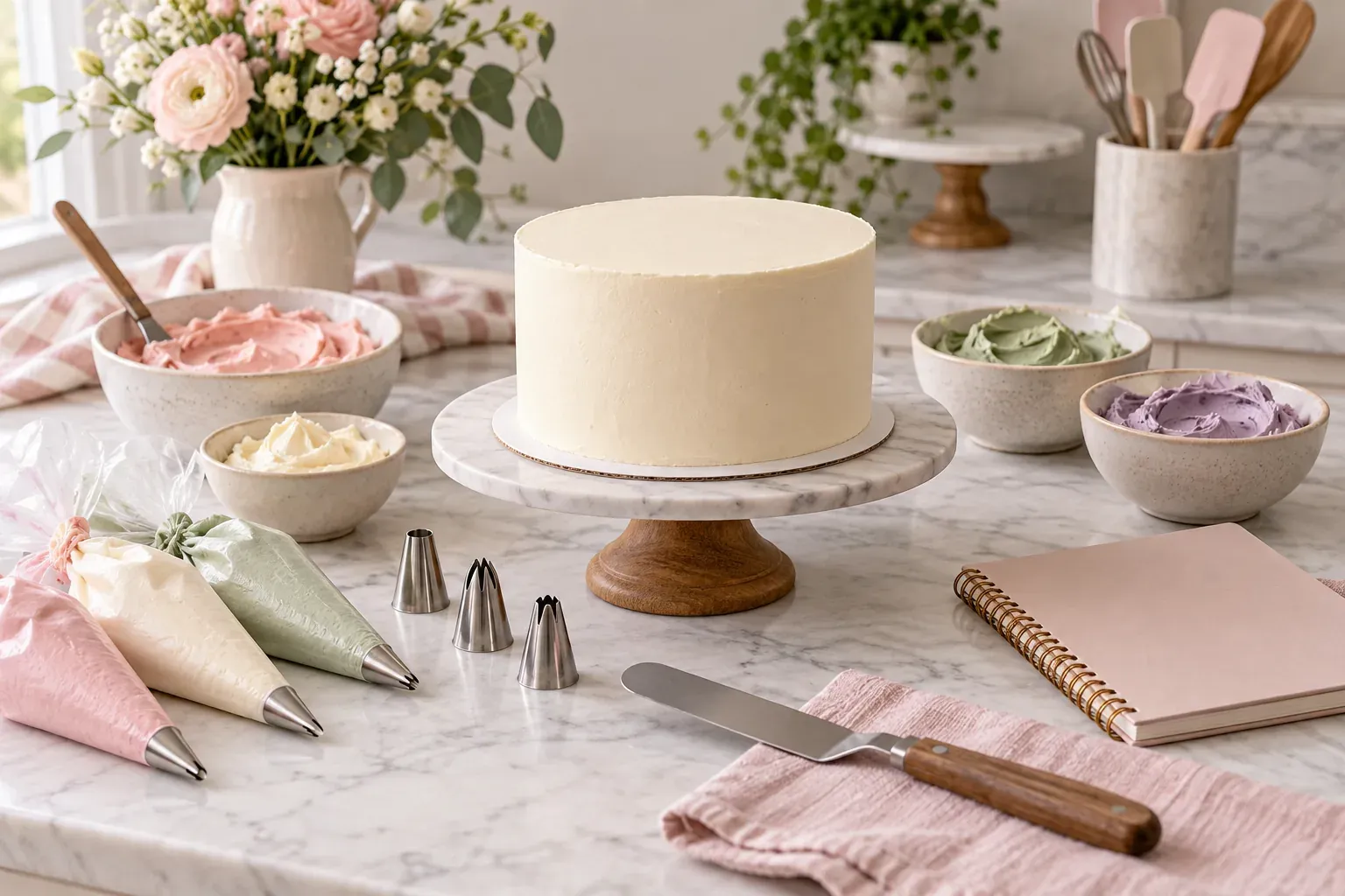 A smoothly frosted cake, bowls of coloured frosting, piping bags and a notebook on a baking worktable