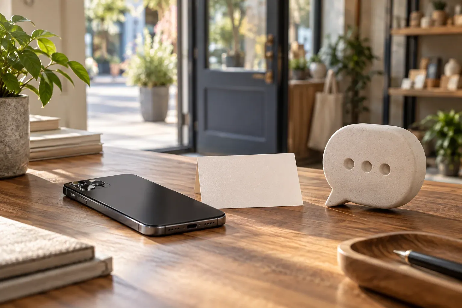 A phone with its screen off, a blank welcome card and a speech symbol by a shop entrance