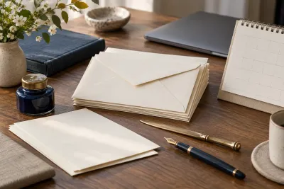 Blank envelopes, fountain pens, an ink bottle and a closed laptop on a wooden desk