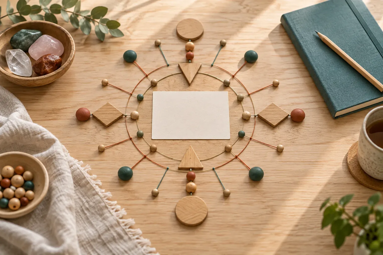 Wooden shapes, beads and threads arranged around a blank card, with a green journal and pencil nearby
