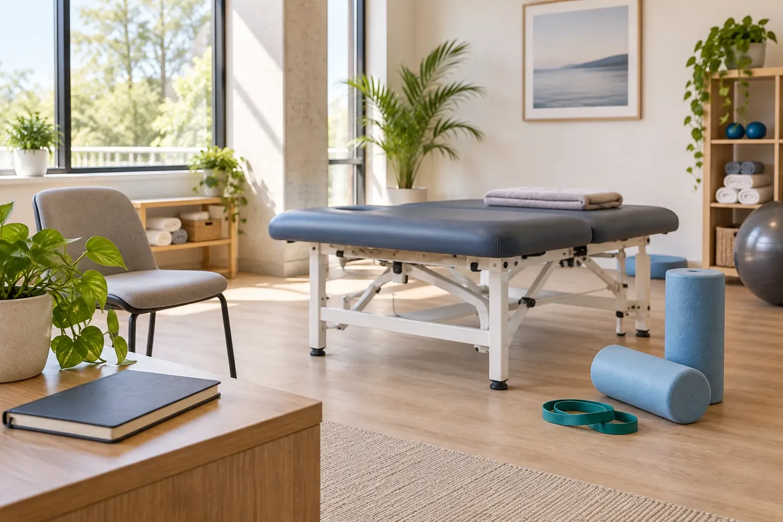 A therapy table, foam rollers and a resistance band in a bright rehabilitation room