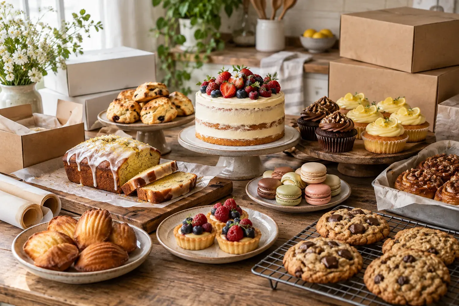 A berry-topped cake, loaf cake, cupcakes, cookies and other desserts on a kitchen table beside boxes