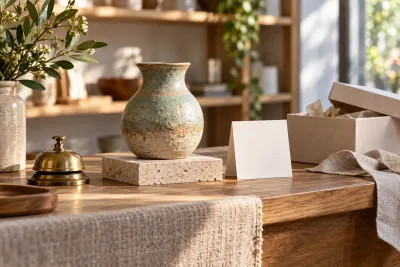 A ceramic vase and blank card on a counter with a service bell