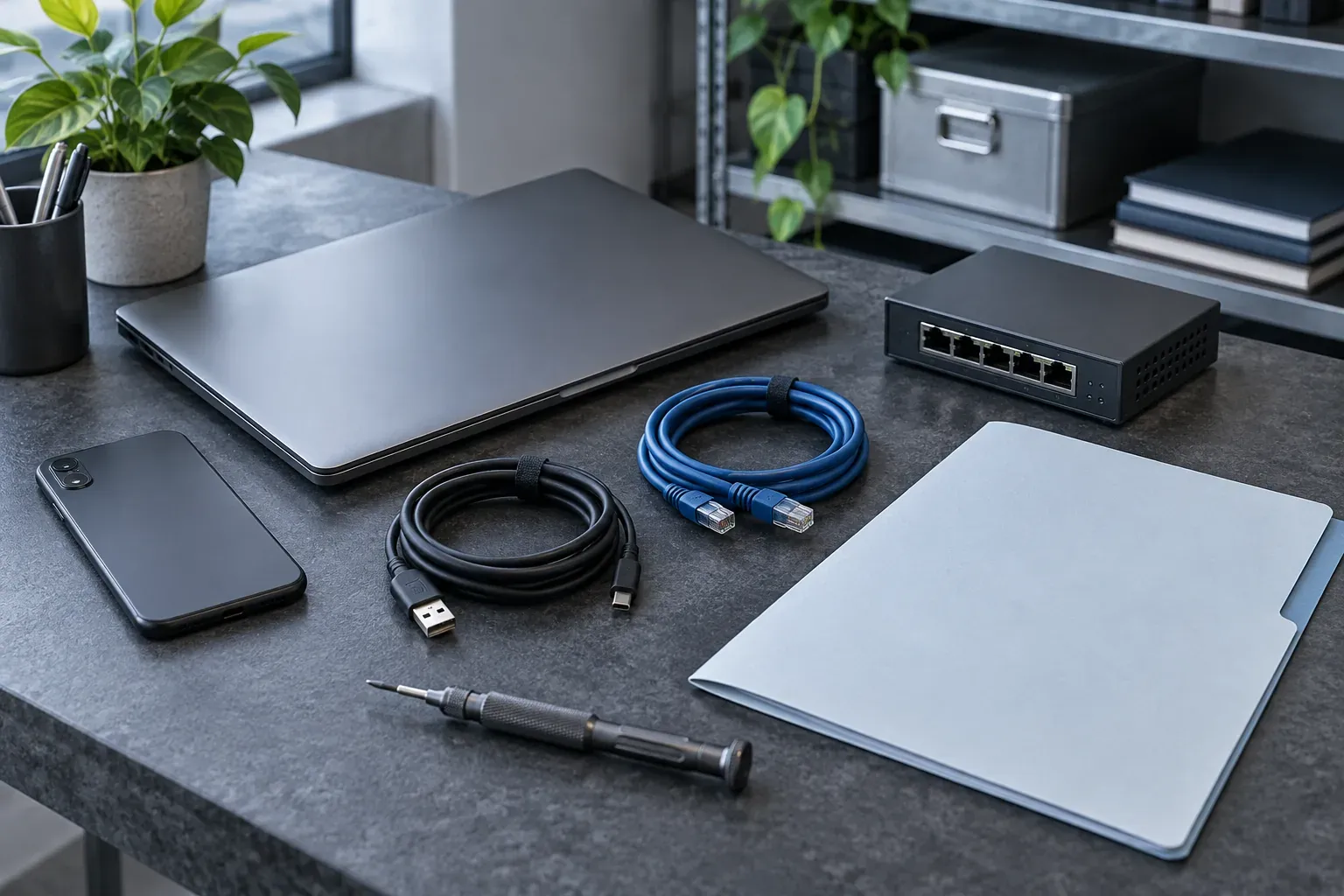 A closed laptop, network switch, phone and coiled cables on a workbench