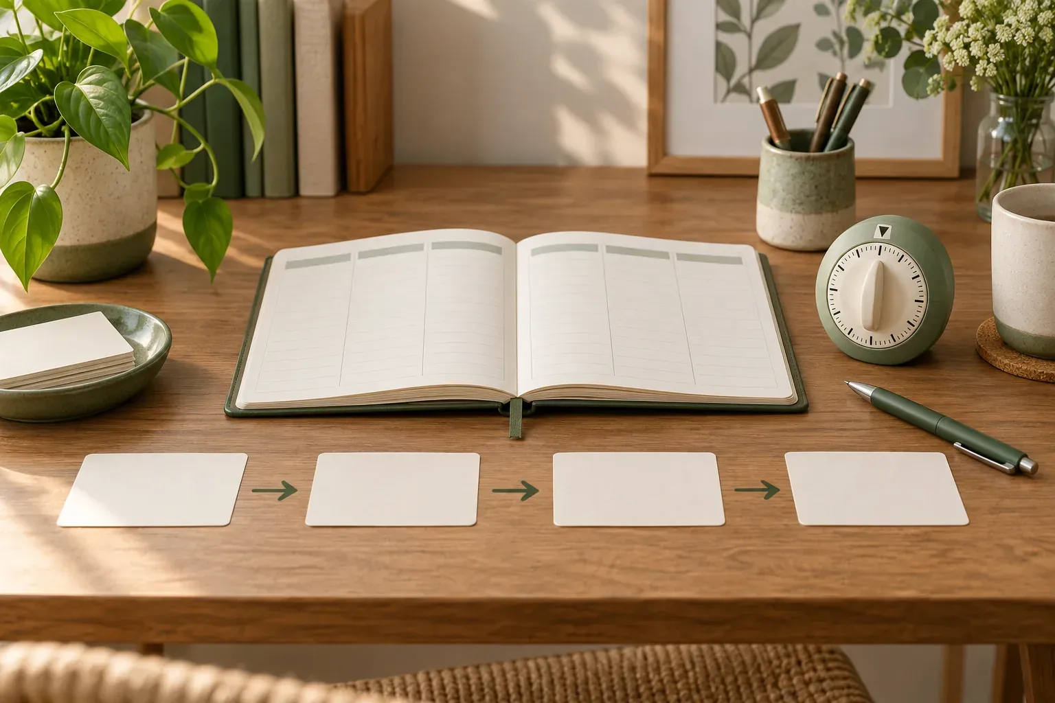 An open planner, reminder cards and a timer on a desk