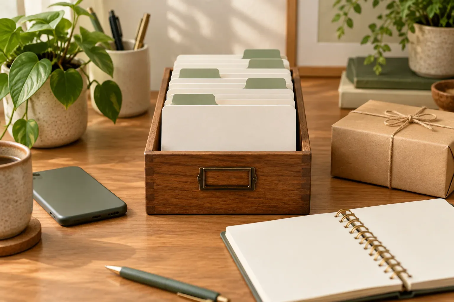 A box of blank customer cards and an open planner on a business desk