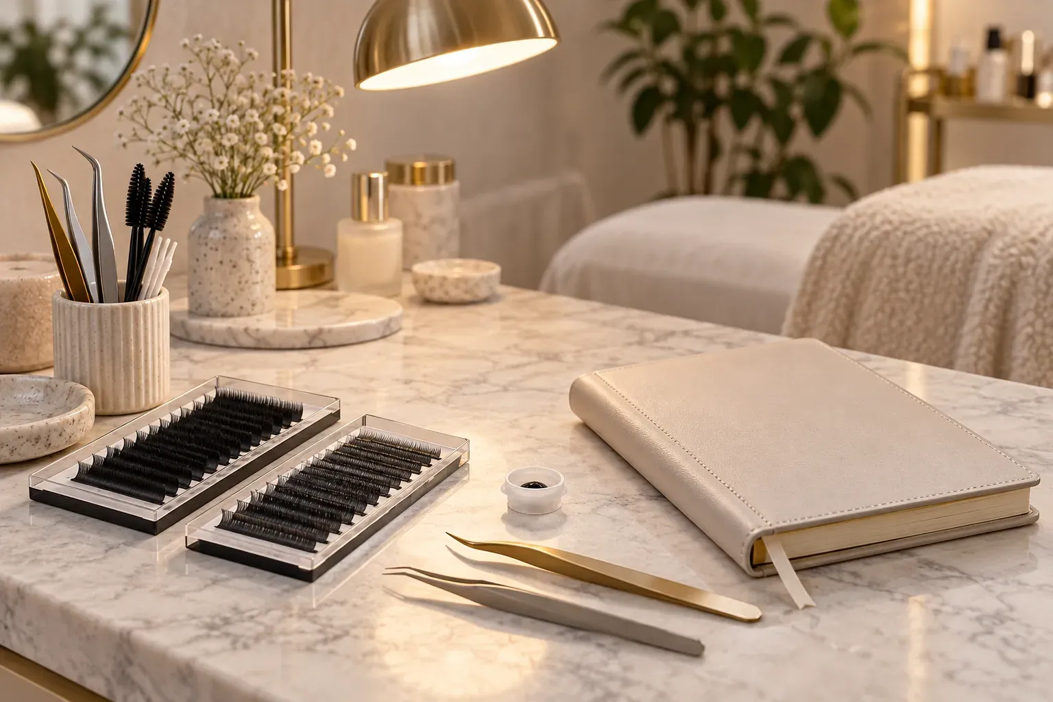 Lash trays, tweezers and spoolie brushes on a counter under a lamp beside a lash treatment bed